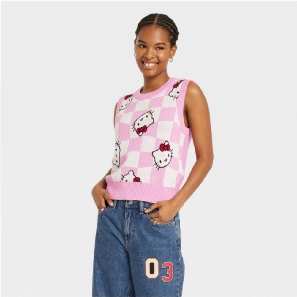 Hello Kitty Checkered Pink Sweater Vest XXL Academia Preppy Kawaii